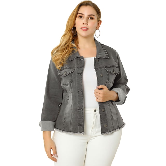 GRACE & GRANDEUR Women's Plus Washed Button Front Frayed Denim Jacket Grey 4X