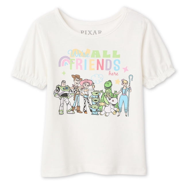 Disney Toddler Girls' Toy Story Ruffle T-Shirt front-facing toddler graphic tee in jersey knit with Toy Story front print, round neck, short sleeves with ruffle openings and straight hem; breathable 60% BCI cotton/40% polyester, often used for layering or play dress-up.