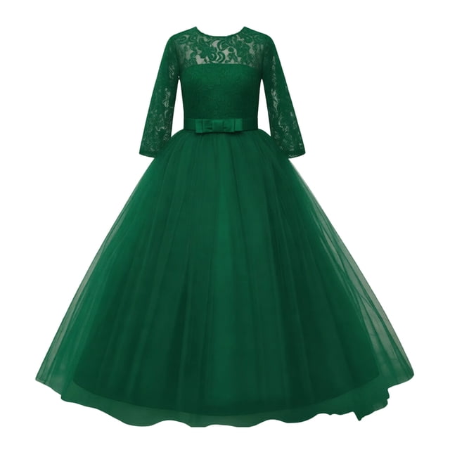 HXWCHs Robe en Denim Élégante pour Filles Robe de Soirée Formelle avec Dentelle Florale et Nœud pour Vert Foncé 9-10 Ans