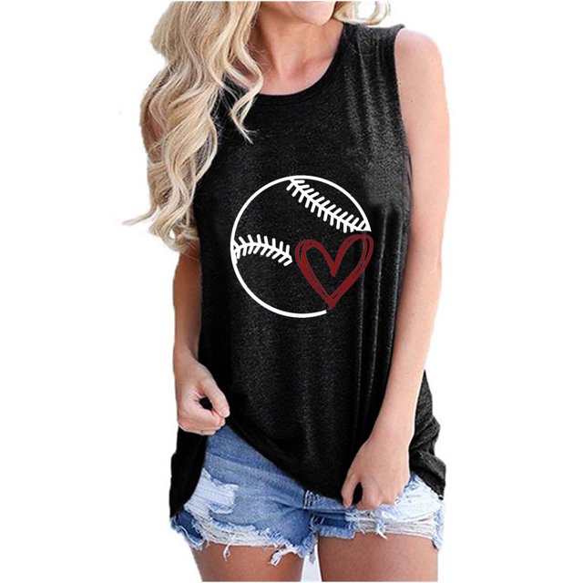 LSLJS Women Spaghetti Strap Tank Tops Ladies Summer Fashion Solid Color Baseball Print Pattern Sleeveless Vest Top T-shirt