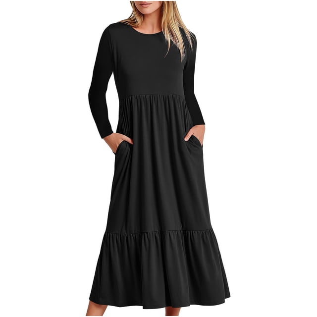 Yuyuzo Fall Dresses for Women Long Sleeve Crew Neck Ruched Ruffle Flowy Comfy Basic Maxi Dress Solid Color