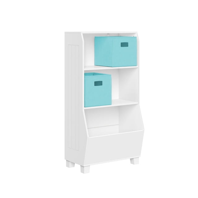 Kids 23" Bookcase with Toy Organizer and 2 Bins in white painted MDF featuring two open shelves with light blue fabric storage bins and a large bottom veggie bin for toy storage, designed for playroom organization and includes wall-anchoring brackets for added safety.