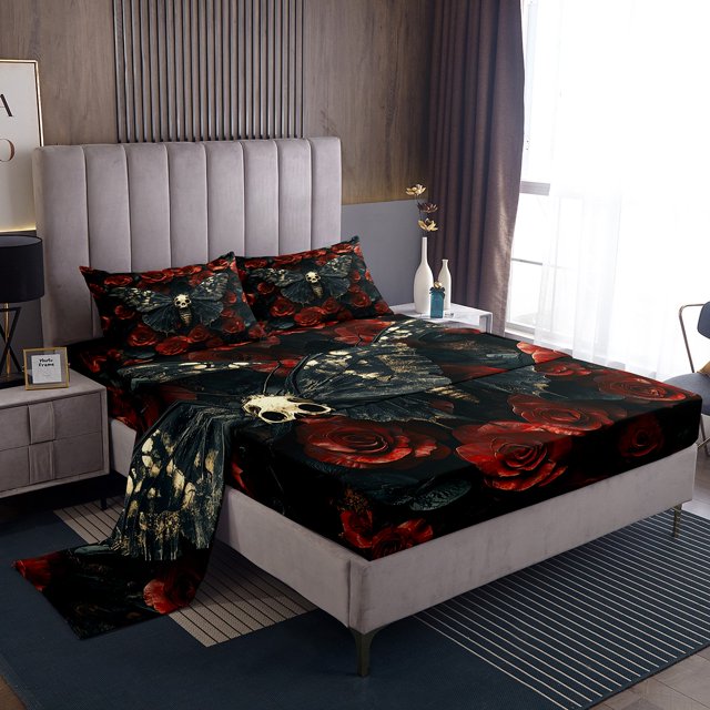 Moth Bed Sheets Set Gothic Skull Floral King Sheet Set,Extoic Boho Decor Sheets Red Rose For Gilrs Women Lover Flat Fitted Sheet