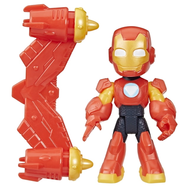 Marvel Iron Man and his Awesome Friends Iron Man Action Figure Toy with Accessory showing a 3-inch poseable Iron Man figure in red and gold armor with a blue arc reactor, standing next to a detachable red jetpack accessory with gold tips, suitable for collectible and imaginative play for preschool kids in the TV & Movie Action Figures category.