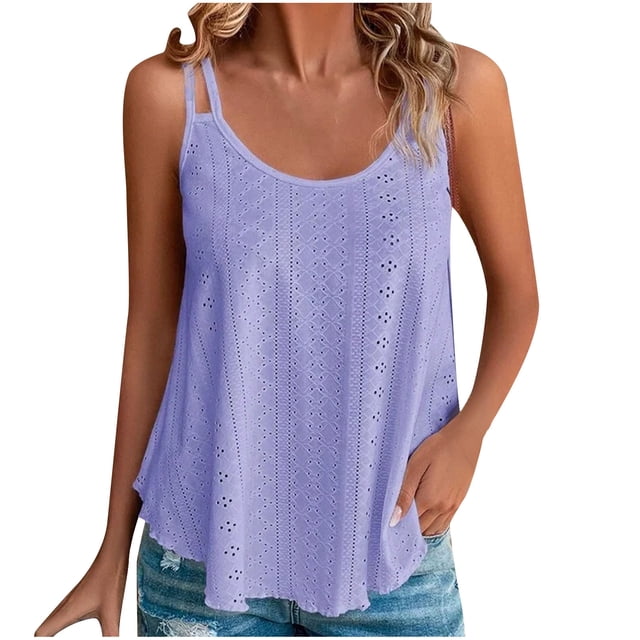 Mrat Débardeurs d'Été pour Femmes Mode Femmes Décontracté Broderie Col Rond Bretelles Gilets Sans Manches T-Shirt Hauts d'Été Débardeurs d'Été pour Femmes P-20 Violet 5TG