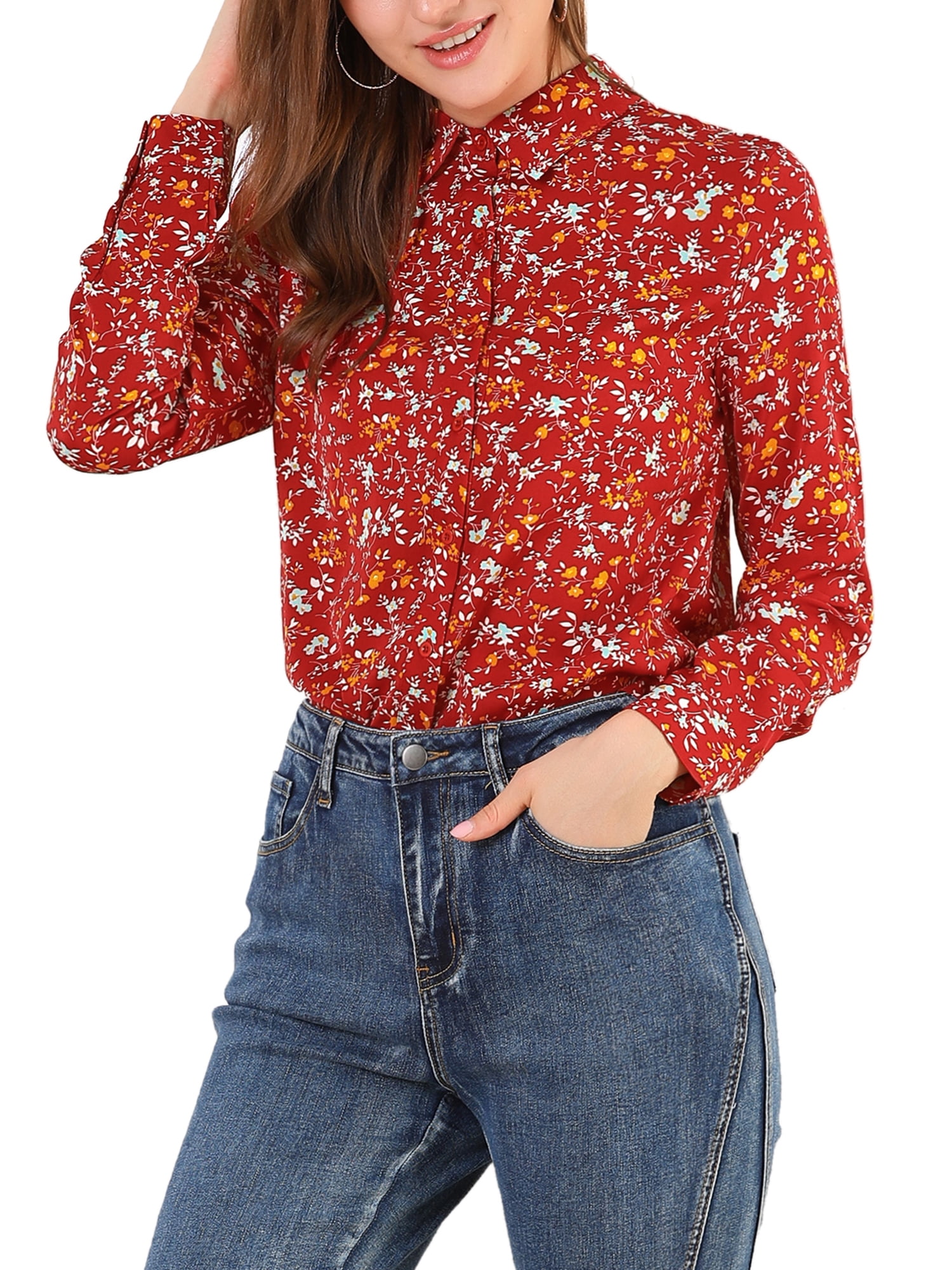 INSPIRE CHIC Women's Button Down Long Sleeve Ditsy Floral Shirt Red XL