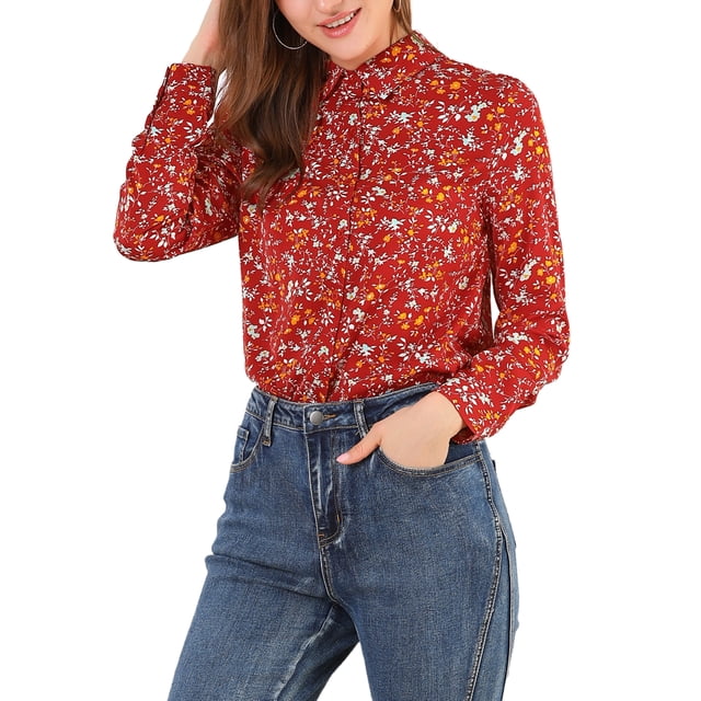 INSPIRE CHIC Chemise à Petites Fleurs à Manches Longues Boutonnée pour Femme Rouge TG