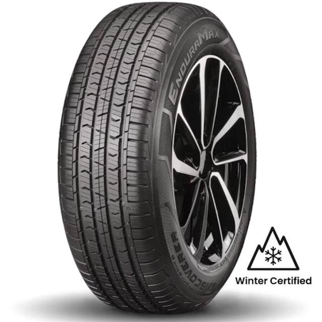 Cooper Discoverer EnduraMax 225/60R18 100H BSW all-season SUV tire with detailed tread pattern and black sidewall featuring EnduraMax branding, mounted on a black and silver alloy wheel, winter certified for severe Canadian winters, ideal for confident year-round on- and off-road driving.