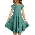 thumbnail image 4 of Qertyioot Robes pour Filles à Manches Volantées, Robe d'Été Trapèze Décontractée, Robe Midi Évasée à Étages avec Poches, 4 of 7