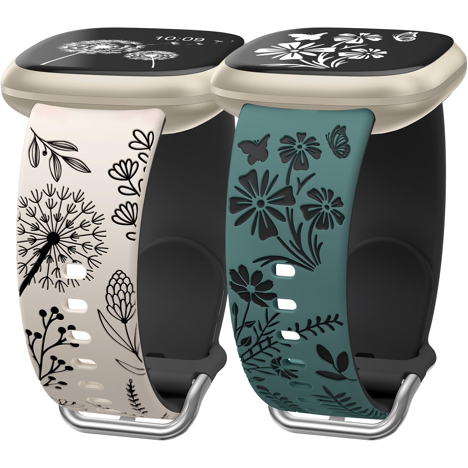Wearlizer 2 Packs Compatible with Fitbit Versa 4 Bands/Versa 3 Bands/Sense 2 Bands/Sense Bands for Women, Pretty Two-tone Floral Engraved Silicone Straps, Cute Flower Pattern Sport Wristband Bracelets