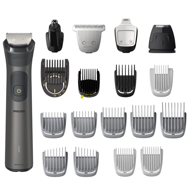 Philips Multigroom Series 7000 MG7960/18 with 23 attachments including a dark gray cordless trimmer body, 21 grooming tools for beard, hair, body, and eyebrow styling, plus nose and ear hair trimmer heads, offering 19 length settings and wet/dry use for versatile personal grooming.