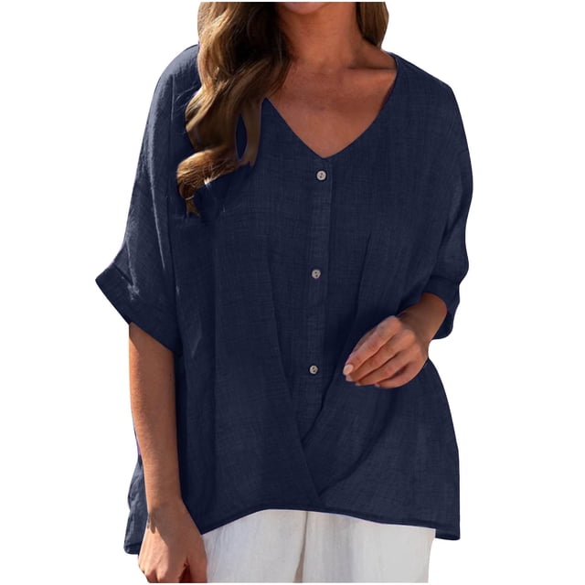 asjyhkr Womens Linen T Shirts Loose Fitting V Neck Button Lightweight Summer Tops Solid Color Tees