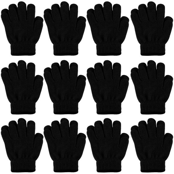 ONESING 12 Pairs Black Kids Knit Gloves - Stretchy Solid Finger Gloves for Girls & Boys
