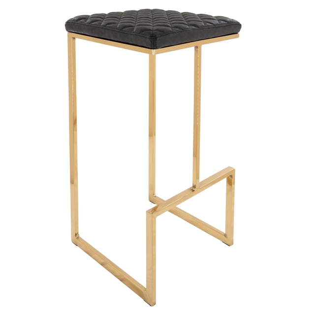 LeisureMod Quincy Quilted Stitched Leather Bar Stools With Gold Metal Frame - Charcoal Black