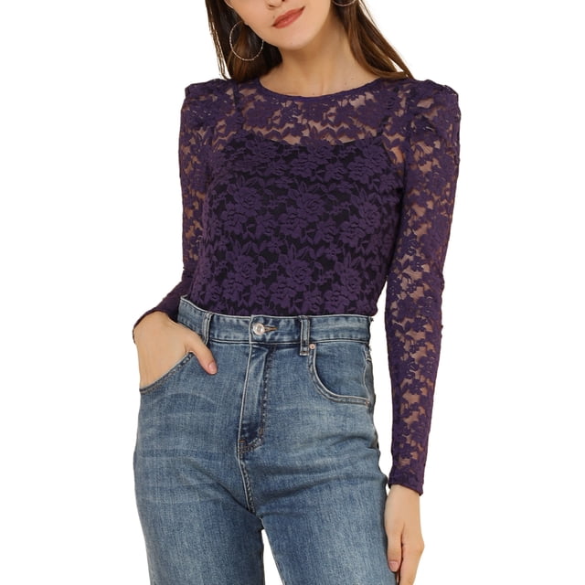 INSPIRE CHIC Hauts pour Femmes Manches Longues Bouffantes Semi-Transparents Blouses en Dentelle Florale TP Violet
