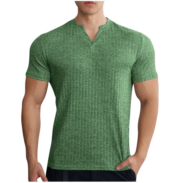 Men's Muscle T Shirts Stretch Short Sleeve V Neck Bodybuilding Workout Tee Shirts Slim Fit Ribbed Knit Shirt