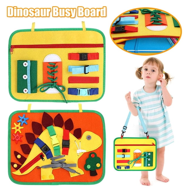 Dinosaur Busy Board Basic Life Skills Learning Early Educational Activity Board for Fine Motor Skills Interactive Sensory Montessori Board Gift for Kids Aged 2-4