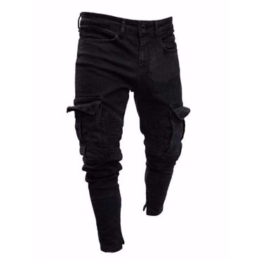 Penkiiy Men's Distressed Moto Biker Jeans Ripped Punk Gothic Zipper Denim Pants Hip hop Tapered Leg Slim Fit Jean XL Black