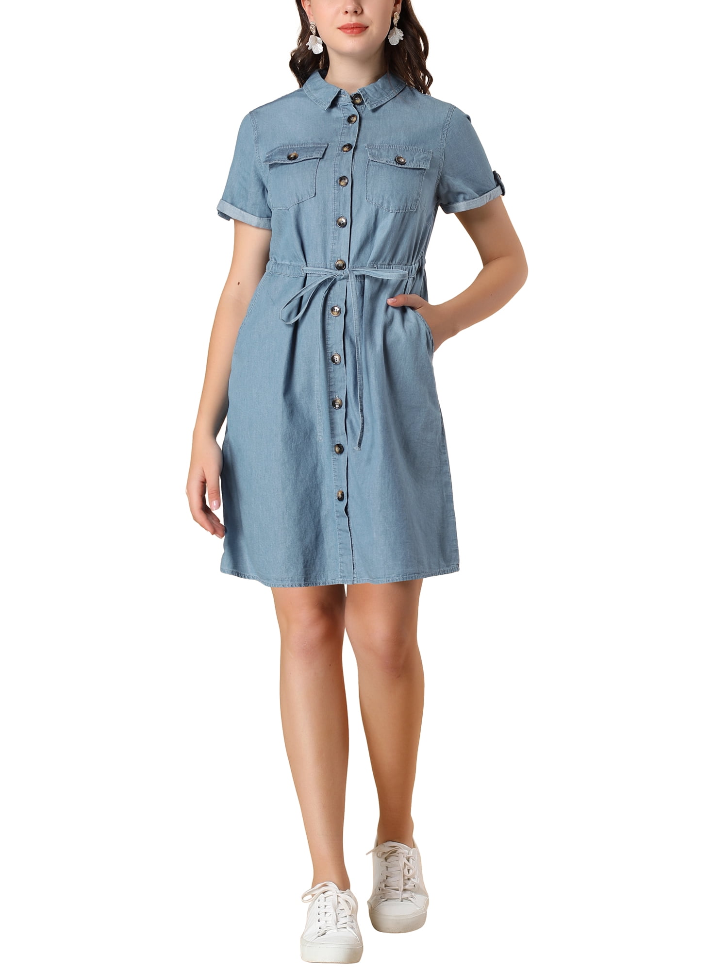 INSPIRE CHIC Women's Casual Button Front Summer Short Sleeve Dresses XS Blue