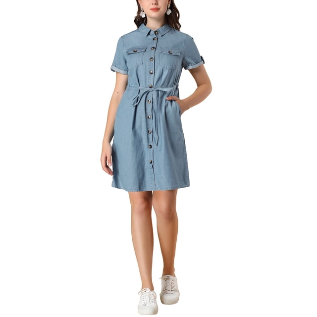 INSPIRE CHIC Robe d'Été Décontractée pour Femme à Boutons devant à Manches Courtes TP Bleu