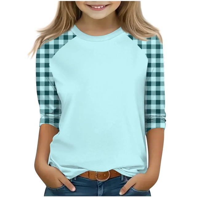 SERTG T-Shirt Mode Enfant Col Rond Manches 3/4 Imprimé Col Rond pour Été et Printemps 4-15 Ans (Bleu Clair1,5 Ans)