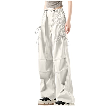 Cameland Parachute Pants for Women Y2K Baggy Cargo Pants Multi-Pockets Drawstring High Rise Pants Wide Leg Joggers Trousers Streetwear