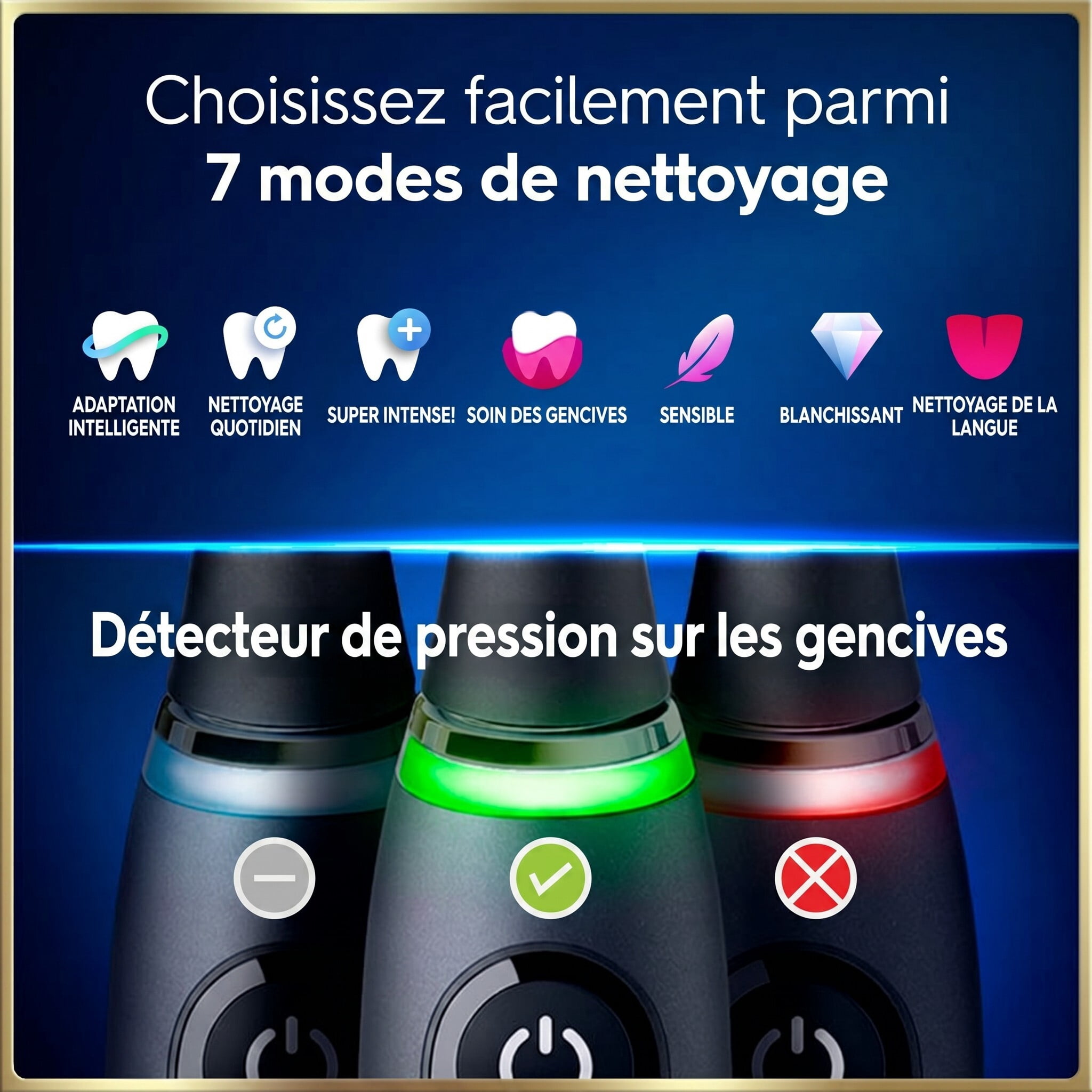 Brosse à dents électrique rechargeable Oral-B, iO9 Genius, 7 modes de nettoyage, écran interactif, étui de voyage avec chargeur intégré, détecteur de pression visible, 4 brossettes, bleu saphir