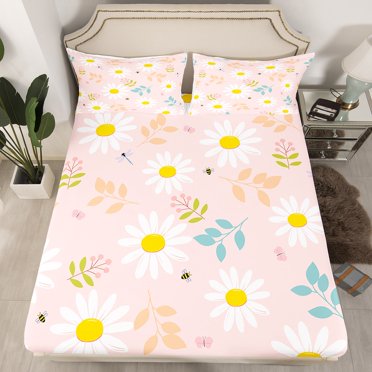 Erosebridal Floral Daisy Fitted Sheet Set Queen,Spring Garden Fitted Sheet Queen,Botanical Plants Fitted Sheet Set Queen,Lightweight Flower Room Decorative,3 Pieces(Fitted Sheet,Pillowcase)