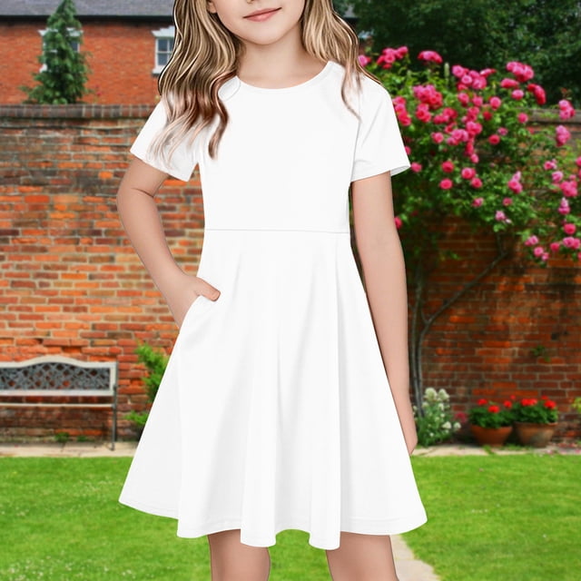 NTACZA Robe Midi pour Filles à Manches Courtes, Robe T-Shirt Décontractée, Robes T-Shirt pour Enfants, Ample et Fluide, Robe de Plage 7 Ans