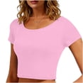 thumbnail image 2 of VSSSJ Hauts Courts pour Femmes Manches Courtes Col Rond Extensible Chandail Décontracté Ajusté Uni Confortable Été Basique T-Shirts Courts Rose Taille Unique, 2 of 5