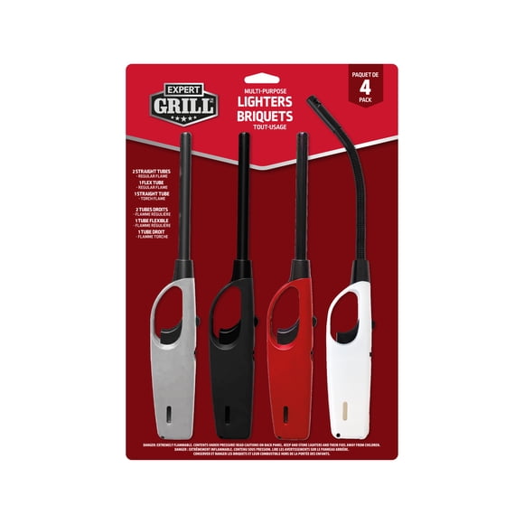 Expert Grill Refillable Multipurpose BBQ Lighters, 4 pack. 2 Regular Flame Lighters, 1 Torch Flame Lighter, and 1 Flexible Tube Lighter.