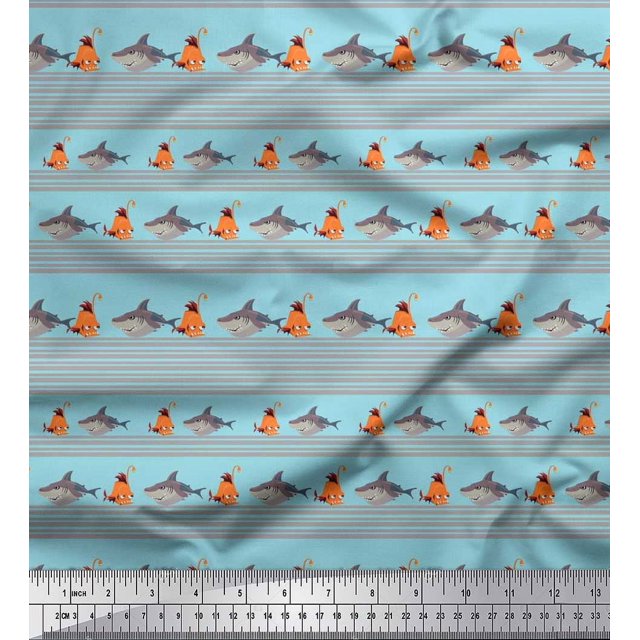 Soimoi Poly Georgette Fabric Stripe & Shark Fish Kids Print Sewing Fabric Yard 42 Inch Wide