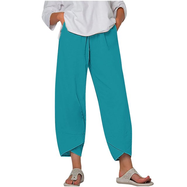 Timegard Plus Size Pants for Women Elastic Waist Solid Color Comfy Fall Casual Crop Pants with Pockets