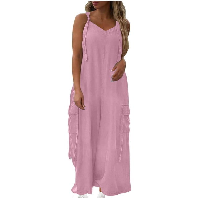 Wlynlyn Plus Size Jumpsuits for Women Sleeveless Rompers V Neck Baggy Wide Leg Trousers Overalls Size L