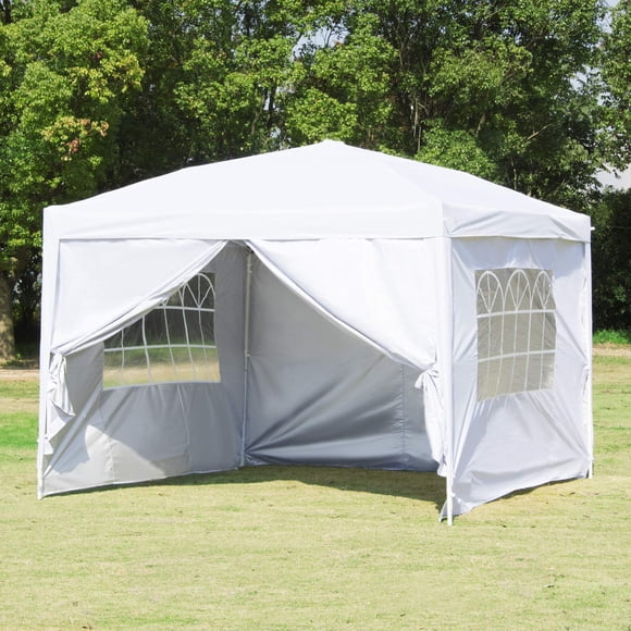 Canopy Tent-10x10 White Pop Up Canopy Outdoor Gazebo Portable Shade Instant Tent Commercial Tent Portable Market Stall with 3 Sidewalls and Carry Bag for Party Wedding Activity BBQ Beach Car Shelter