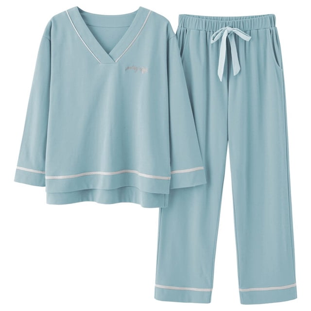 REDHOTYPE Nouveaux Pyjamas en Coton Doux pour Femmes 2 Pcs Grande Taille 3TG Simple Manches Longues Décontracté