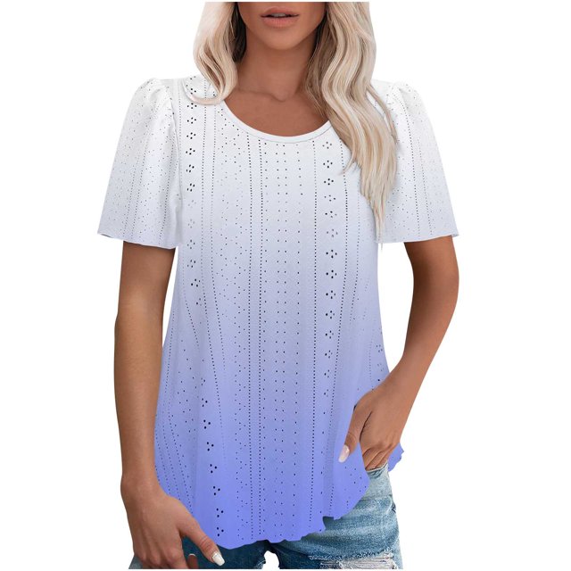 Plebaso Chemises d'Été en Broderie Anglaise pour Femmes à Manches Courtes, Tuniques Dégradées, Hauts Colorés Décontractés Amples et Habillés