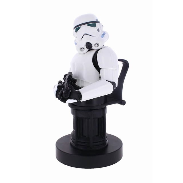 Exquisite Gaming The Mandalorian - Imperial Stormtrooper figure in white armor holding a black blaster, mounted on a black circular base designed to hold gaming controllers or phones, standing 8 inches tall.