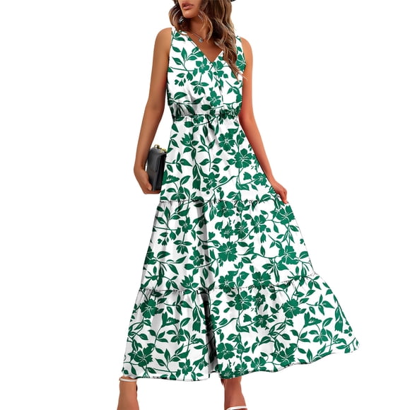 Pisexur Robe Longue Sans Manches à Col en V pour Femme, Robe d'Été Fluide et Confortable à Taille Élastique et Volants, Robe de Bal Tendance à Imprimé Floral, Robe Longue Décontractée d'Été, Robe Portefeuille Fluide Idéale pour les Vacances à la Plage