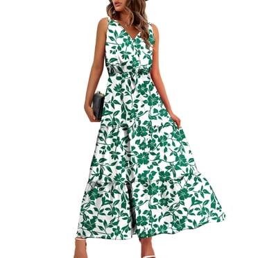 Pisexur Robes pour Femmes à Col en V Sans Manches Robe Maxi Taille Élastique Robe Évasée à Étages Robe d'Été Mode à Imprimé Floral Robe de Bal d'Été Décontractée Ample Longue Robe Confortable Fluide Robe Portefeuille pour Plage Vacances