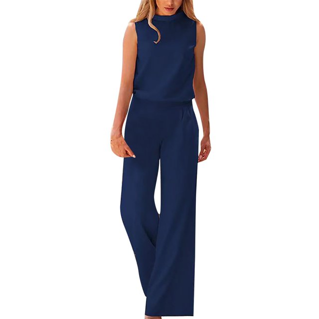 TrendOFT Combinaisons Habillées pour Femmes Mode Été Coupe Ample Sans Manches Col Rond Combinaisons une Pièce Bleu TG