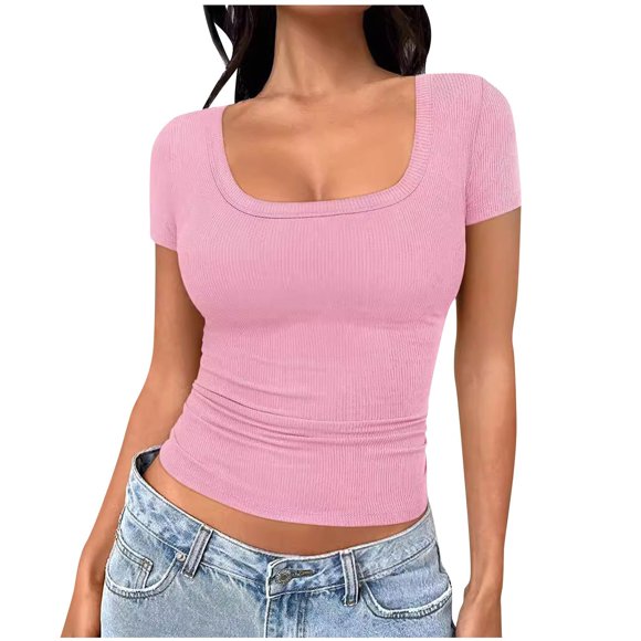 Yuyuzo Square Neck Crop Tops for Women Short Sleeve Going out Tops Stretchy Slim Fitted Basic Tees