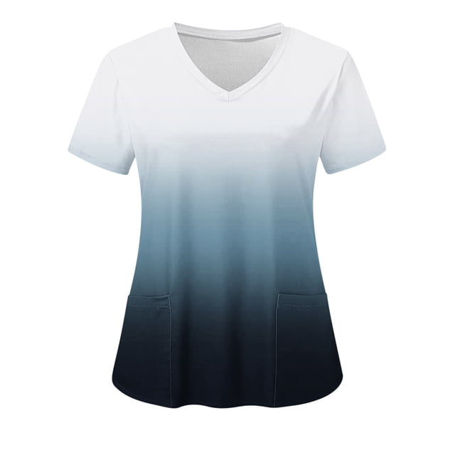 TIMIFIS Scrub for Women Nurse Uniforms Tops V Neck Gradient Color Short Sleeve Nursing Tops with Pockets - Spring/Summer