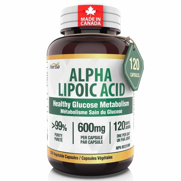 Herba Alpha Lipoic Acid 600mg – 120 Vegetable Capsules | >99% Ultra Pure | Blood Sugar Support Supplement | Made in Canada
