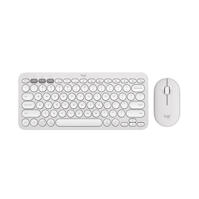 Logitech Pebble 2 Combo wireless keyboard and mouse set in tonal white, featuring an ultra-slim keyboard with round low-profile keys and a minimalist mouse with silent touch technology, designed for Bluetooth multi-device connectivity and quiet operation, suitable for portable and home office use.