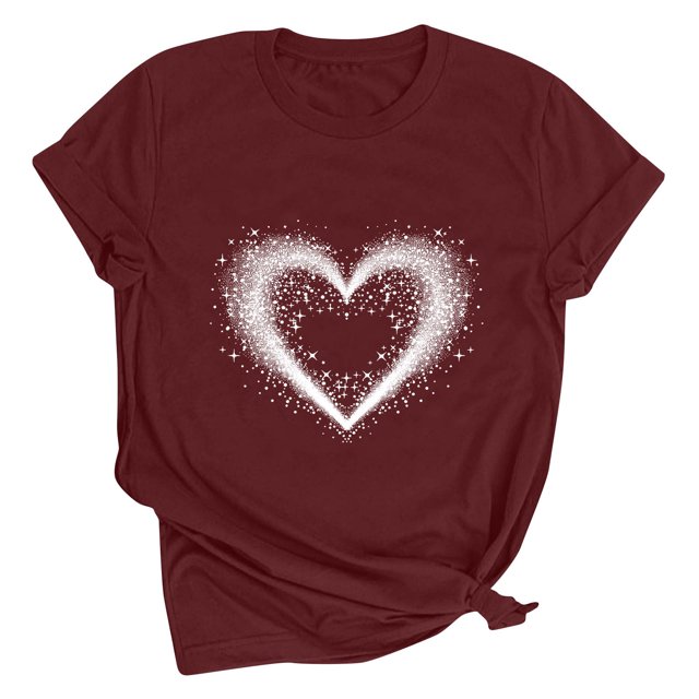 Meichang Chandails de la Saint-Valentin pour Femmes, T-Shirts Graphiques Mignons avec Cœur d'Amour, T-Shirts Décontractés à Manches Courtes, Hauts Tee à Col Rond, Coupe Ample, Chemisiers de la Saint-Valentin