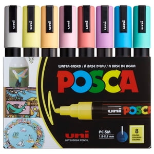 Uni® POSCA PC-5M Couleurs douces Marqueurs de peinture à base d'eau, Conseil moyen réversible (1,8-2.5mm), Couleurs assorties, paquet de 8