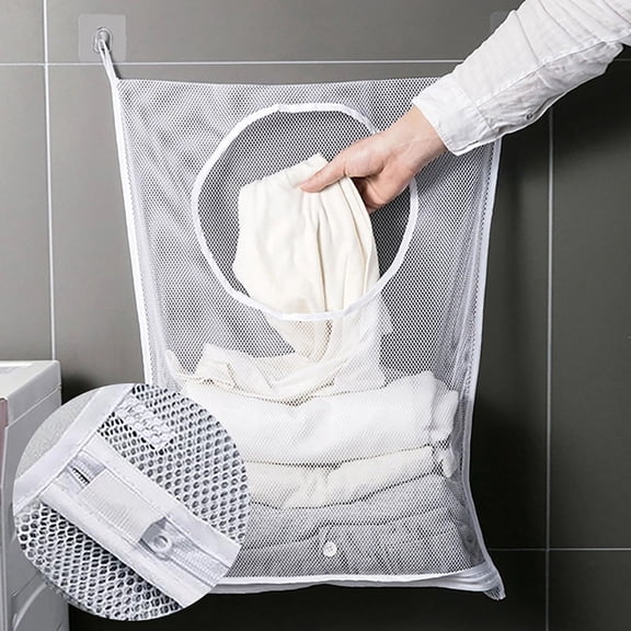 Product Laundry with Adjustable Suction for Hanging Clothes - White Bag Cup 2 Zippers and Hooks Space-Saving Laundry Organizer for Store and Choice
