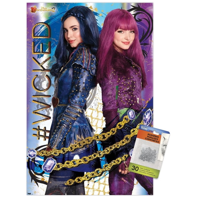 Disney Descendants 2 - Wicked Affiche Murale, 14,725 Po x 22,375 Po Encadrée, Présentant Deux Personnages Dos à Dos dans des Vestes en Cuir Bleu et Violet Cloutées avec Chaîne Dorée et Détails de Pierres Précieuses sur un Fond Bleu et Violet vibrant avec Texte #Wicked, Idéal pour art Mural de Chambre Ou de Dortoir.