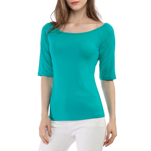 INSPIRE CHIC T-Shirts à Encolure Bateau pour Femmes Manches Mi-Longues Ajustées Superposition Doux T-Shirt TP Vert